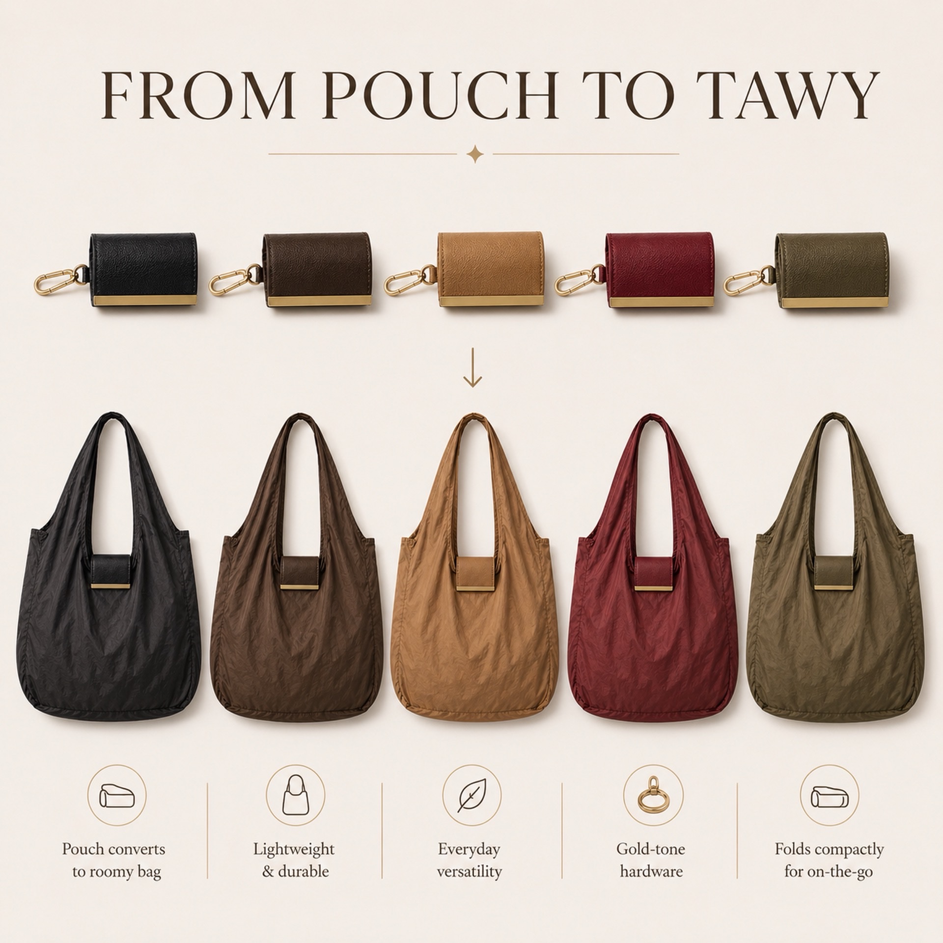 TAWY keychain tote — unfolding into full-size tote